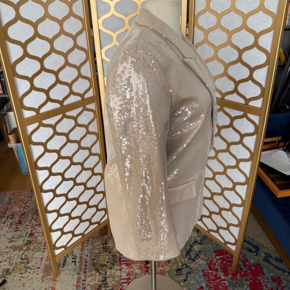 H&M Size L NEW Beige Sequined Glam Rock Party Peak Lapel Blazer Jacket - Picture 10 of 16
